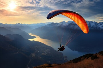 Paraglider soaring over scenic landscapes.