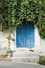 Fototapeta na wymiar Old door on the Greek island of Crete covered in creepers and plants