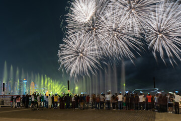 Qatar national day fireworks with Qatar skyline.