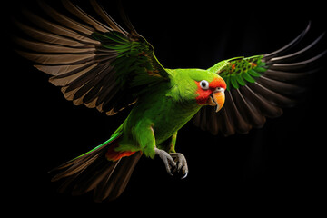 Flying parrot on black background