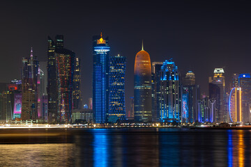 The West Bay city skyline at night, Doha, Qatar.