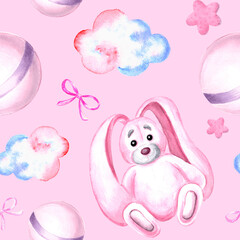 Seamless pattern of pink bunny with bows, stars and cloud Watercolor hand drawn illustration for various design, backdrop, kids birthday, party, making textile and fabrics, packaging, wrapping paper.