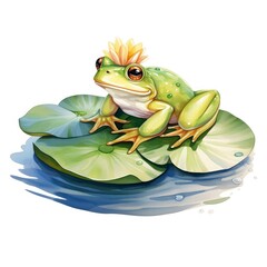 Frog Floating on a Lily Pad Raft, watercolor for T-shirt Design.