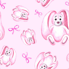 Seamless pattern of pink bunny with bows Watercolor hand drawn illustration for various design, backdrop, kids birthday and party, making textile and fabrics, packaging, wrapping paper and cover.