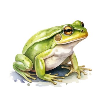 Watercolor green frog on white background.