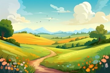 Cartoon summer field landscape. Generative AI