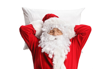 Santa claus sleeping on a white pillow