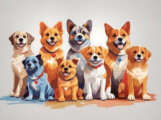 a group of dogs But separate sitting next to each other on top of a white background; with a dog's face drawn in different colors, furry art, vector art, Claire Dalby, cute and funny