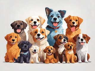 a group of dogs But separate sitting next to each other on top of a white background; with a dog's face drawn in different colors, furry art, vector art, Claire Dalby, cute and funny
