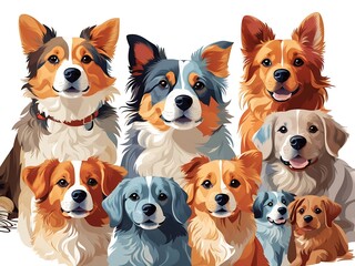 a group of dogs But separate sitting next to each other on top of a white background; with a dog's face drawn in different colors, furry art, vector art, Claire Dalby, cute and funny