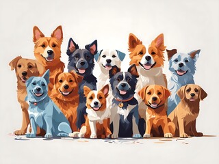 a group of dogs But separate sitting next to each other on top of a white background; with a dog's face drawn in different colors, furry art, vector art, Claire Dalby, cute and funny