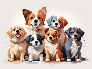 a group of dogs But separate sitting next to each other on top of a white background; with a dog's face drawn in different colors, furry art, vector art, Claire Dalby, cute and funny