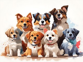 a group of dogs But separate sitting next to each other on top of a white background; with a dog's face drawn in different colors, furry art, vector art, Claire Dalby, cute and funny