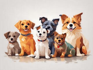 a group of dogs But separate sitting next to each other on top of a white background; with a dog's face drawn in different colors, furry art, vector art, Claire Dalby, cute and funny