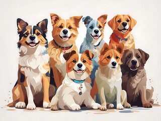 a group of dogs But separate sitting next to each other on top of a white background; with a dog's face drawn in different colors, furry art, vector art, Claire Dalby, cute and funny