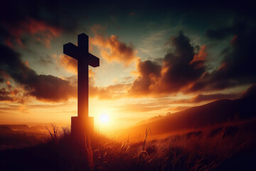 The cross standing on meadow sunset and flare background. Cross on a hill as the morning sun comes up for the day. The cross symbol for Jesus Christ. Easter background concept and The crosses sign.