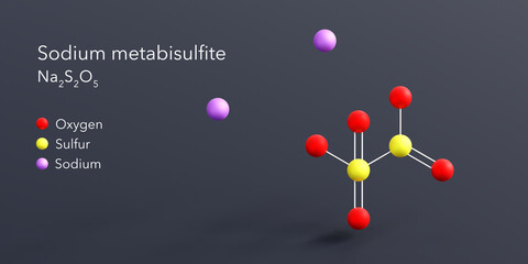sodium metabisulfite molecule 3d rendering, flat molecular structure with chemical formula and atoms color coding