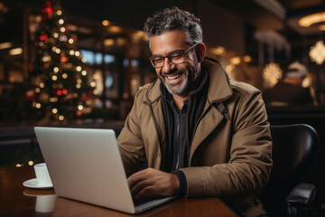 Happy man sitting at a laptop in a cafe during the Christmas holidays. Online ordering and shopping for gifts during Christmas. Freelancer. Distance learning.