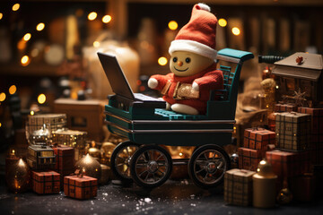 Online shopping for Christmas gifts. Celebration atmosphere.Laptop with boxes of gifts on a background of Christmas bokeh, Christmas tree. Online shopping for gifts for the Christmas holidays