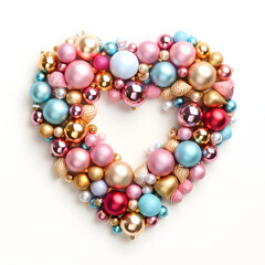 A beautiful heart frame made of colorful Christmas balls. Minimal holiday and love concept. White background