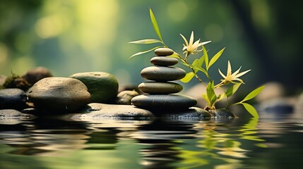 Zen stones pyramid placed on the surface of the water, with green leaves scattered around, creating a serene and peaceful scene