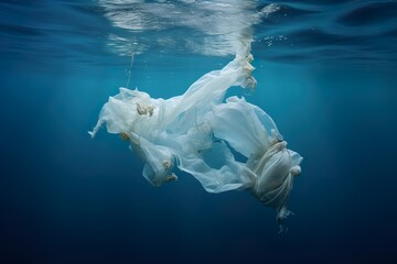 Underwater pollution:- A discarded plastic carrier bag drifting in a tropical, blue water ocean - obrazy, fototapety, plakaty
