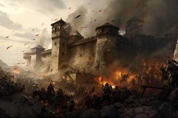 Siege of a medieval castle. - obrazy, fototapety, plakaty