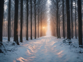 Naklejka premium Sunset in the wood in winter