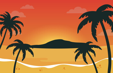 Fototapeta na wymiar summer sunset beach palm silhouettes background