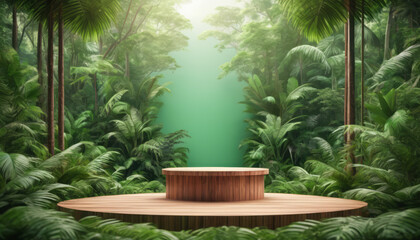 Fototapeta premium a product on a wooden platform surrounded by a vibrant tropical jungle