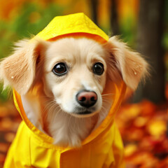 Cute dog with yellow rain coat. Rainy weather in autumn concept. ai generative