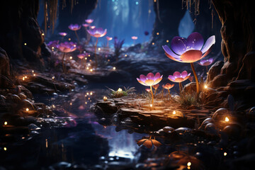 Fairy purple forest at night, fantasy glowing flowers and lights. Generative Ai.