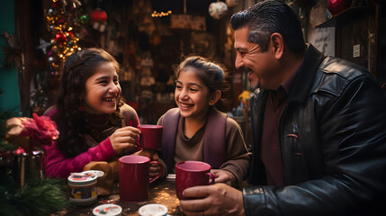 Familia mexicana disfrutando de chocolate caliente en Navidad - obrazy, fototapety, plakaty