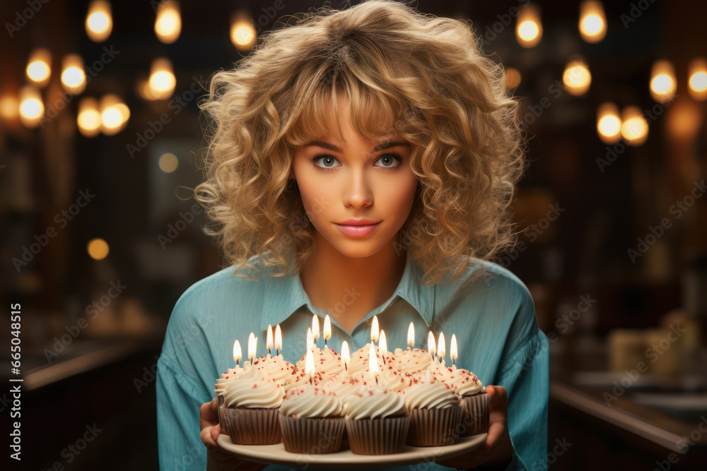 Wall mural creative image of young girl with stylish hairdo holding birthday cake with candles. surrealism. gen