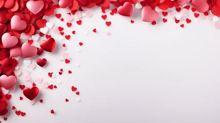 Fotobehang Fondo temático de San Valentín corazones rojos y colores pasterl con espacio para texto y confetis de corazones  © ClicksdeMexico