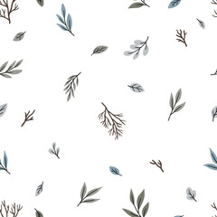 Seamless pattern with leaves and branches on a white background for children's textiles, scrapbooking paper, cards.