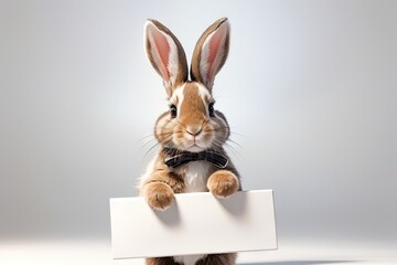 Fluffy rabbit looks at the sign. Easter Bunny. Rabbit for advertising. - obrazy, fototapety, plakaty