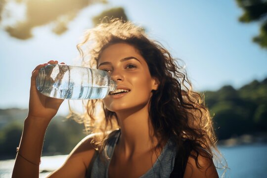 Beautiful young woman in sunglasses drinking water from a plastic bottle sunny day Generative AI