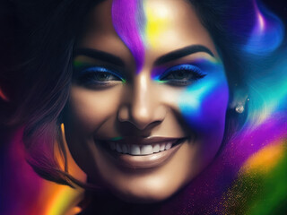 A portrait of a stunning Indian girl with a vibrant and colorful background. The girl is smiling at the camera with a joyful expression. . Generative AI, AI.