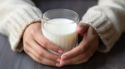 A pair of hands gently holding a glass of cold milk, condensation glistening on the outside of the glass