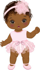 Vector Cute Little African American Baby Girl in Pink Ruffle Dress