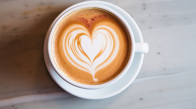 An overhead shot of a heart-shaped latte art pattern, delicately floating on a cup of steaming hot coffee