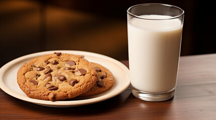 An artistically presented glass of milk paired with a chocolate chip cookie, capturing the essence of classic comfort food