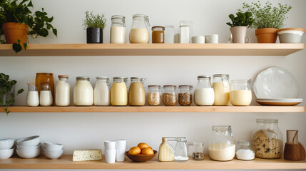 Fototapeta na wymiar A modern kitchen's open shelving filled with various dairy products, such as milk, cheese, and yogurt, offering a glimpse of wholesome ingredients
