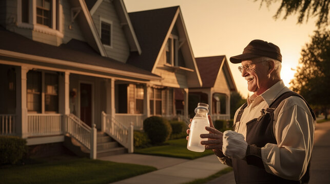 A nostalgic scene of a vintage milkman delivering glass bottles of milk to a charming suburban neighborhood at dawn
