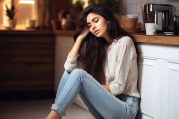 Obraz premium Closeup of Portrait of beautiful young woman looking at camera while standing in kitchen at home Generative AI