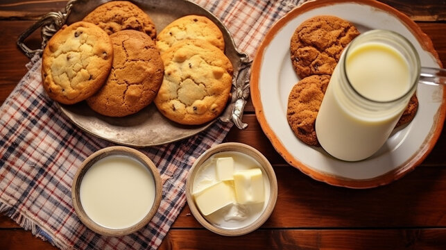 An overhead view of a charming country breakfast spread, complete with warm biscuits, butter, and a pitcher of milk