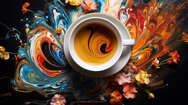 An artistic portrayal of milk swirling into a cup of black tea, creating a stunning fusion of colors and textures