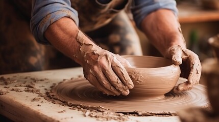 Hands of professional man sculpt mug with ceramic clay on potters