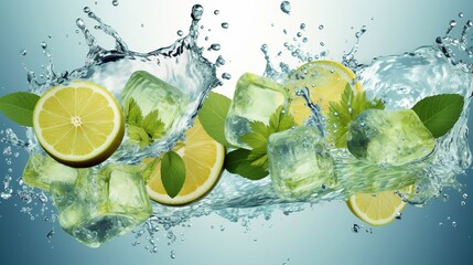 Mojito with ice cubes and mint leaves in water splash on light background Generative AI